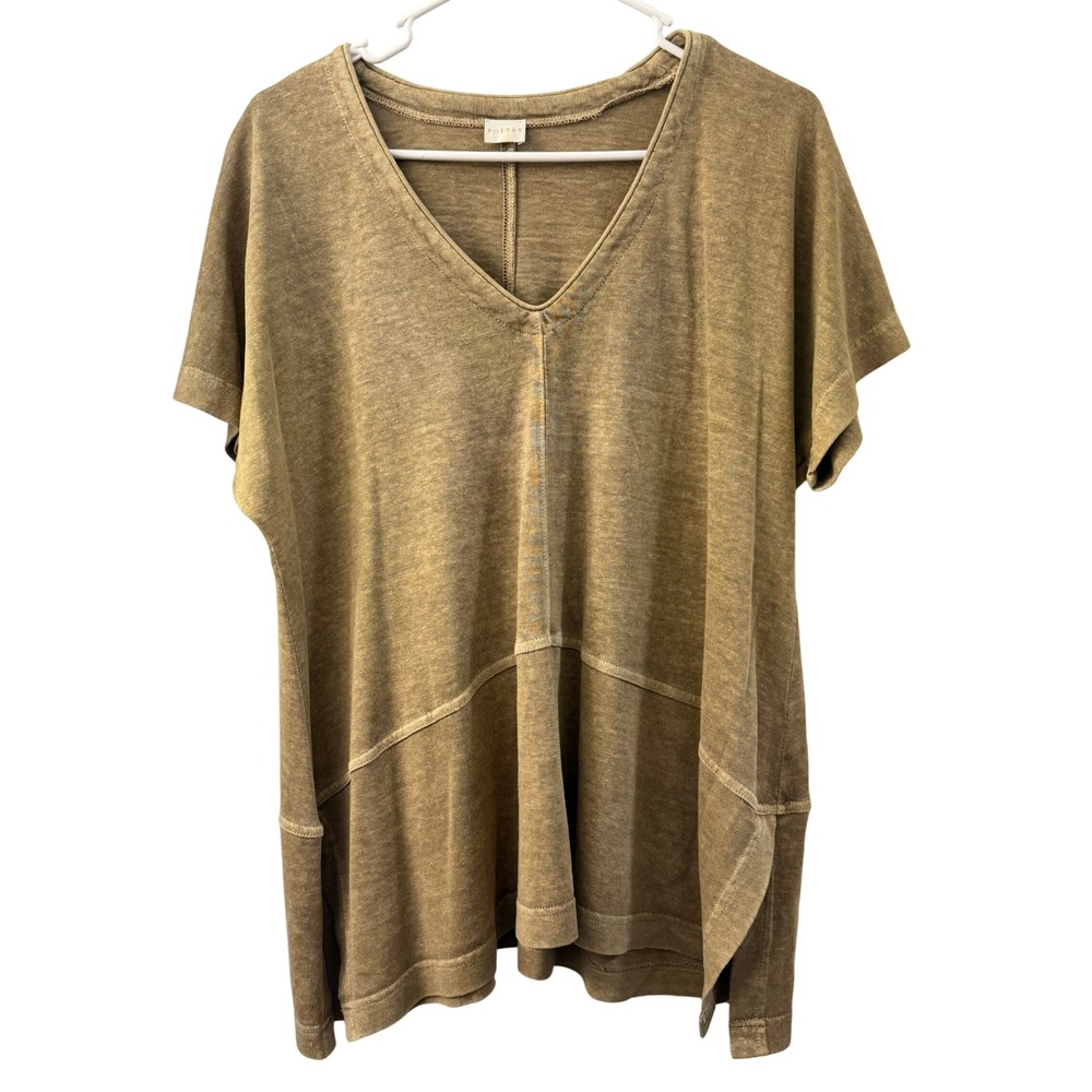 Poetry Hemp Organic Cotton V-Neck Tunic Top Olive Green US 6 Lagenlook Relaxed